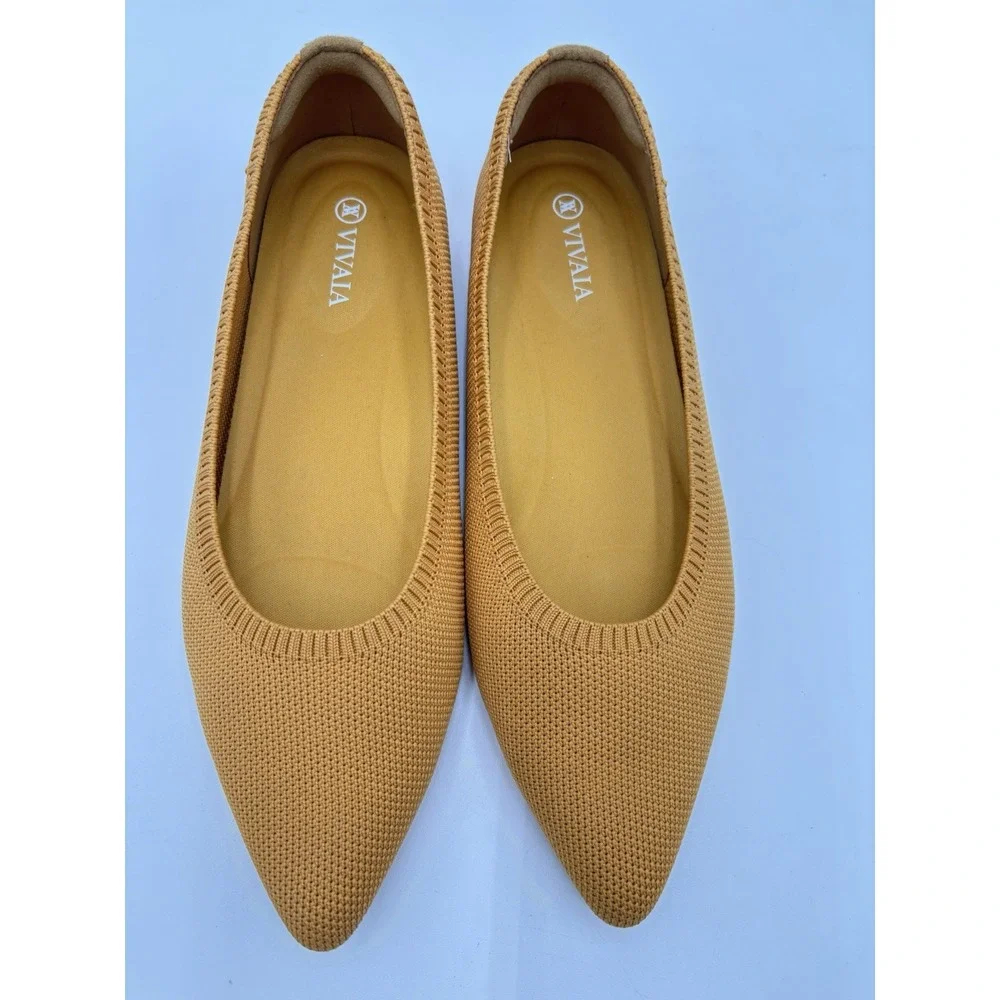 VIVAIA Women 38.5 Mustard Yellow Knit Pointed Toe Ballet Flats NWOT
